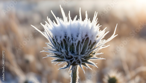 Frost-covered thistle flower in a winter field on a sunny day photo
