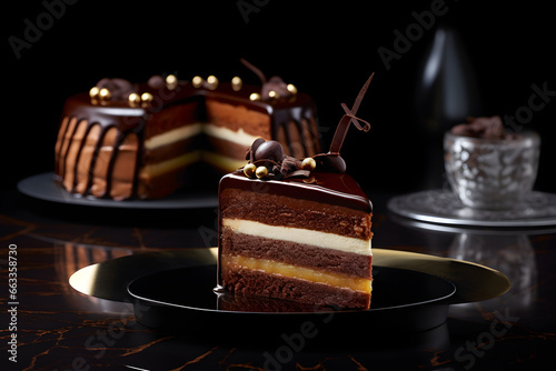 Piece of Luxury chocolate cake on black plate