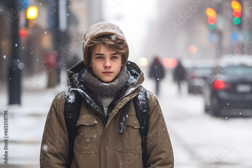 Portrait of young boy standing in a city street on cold winter day