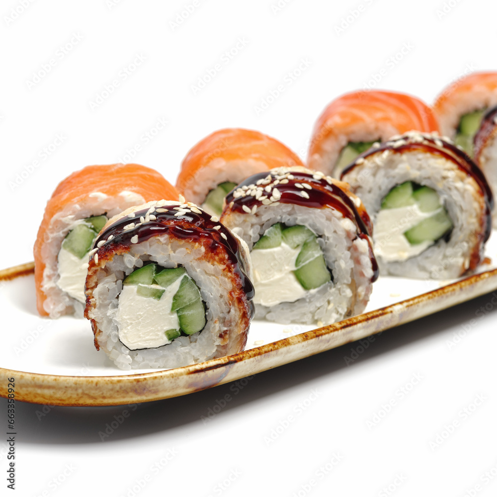 traditional fresh japanese sushi rolls on a white background, selective focus. Japanese kitchen. Sushi menu traditional fresh japanese sushi rolls on a white background, selective focus. Japanese kitchen. Sushi menu