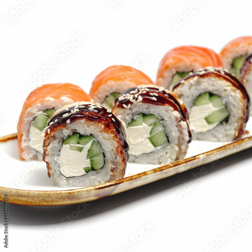 traditional fresh japanese sushi rolls on a white background, selective focus. Japanese kitchen. Sushi menu