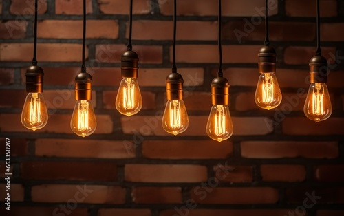 Hanging light bulbs on a dark brick wall background. Retro glowing edison lamp background. Ideas, creativity, innovation design concept.