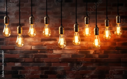 Hanging light bulbs on a dark brick wall background. Retro glowing edison lamp background. Ideas, creativity, innovation design concept.