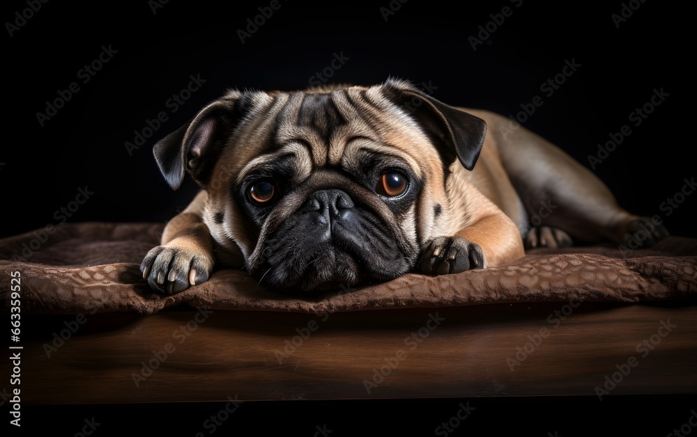 Pug on wooden table in a black background