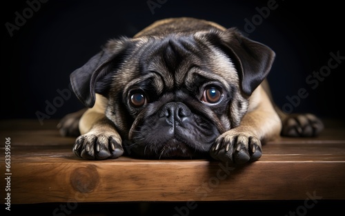 Pug on wooden table in a black background © Mockup Lab