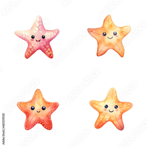 set of happy cute starfish watercolor illustrations for printing on baby clothes, pattern, sticker, postcards, print, fabric, and books