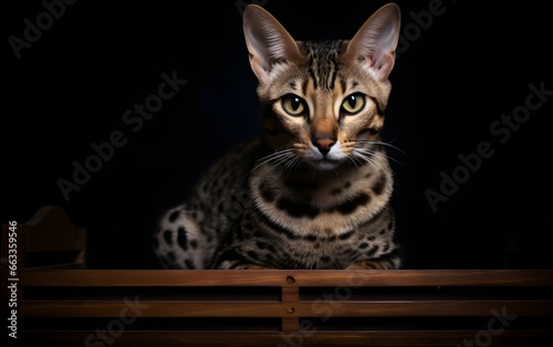 Savannah cat on a wooden table in a black background © Mockup Lab