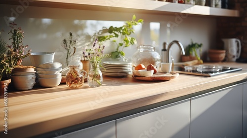Kitchen furniture with dishwasher, fragment, light wood and white, light colors.