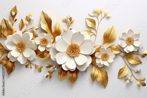 3d gold flowers white backgroung.