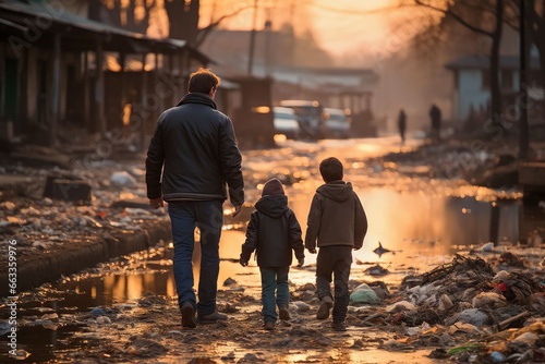 Father and his children walking in slum areas