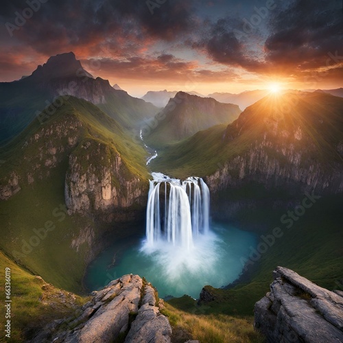 Wonderful waterfall in the mountains, green land, sunrise