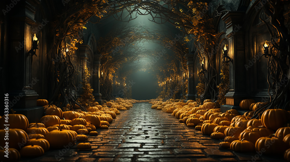 corridor passage arch tunnel halloween background theme banner entrance to the party invitation - obrazy, fototapety, plakaty 