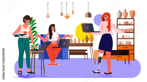 disabled woman with replaced robotic leg working on laptop people with disabilities concept modern office interior horizontal