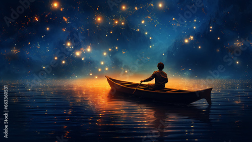 man in a boat sea and starry sky at night with reflection, dream sleep picture in imagination