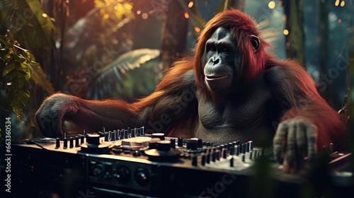 Orangutan DJ-ing a jungle dance party