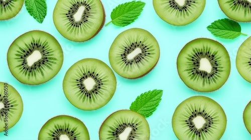 Slices of kiwi fruit and green mint leaves on a light pastel blue background. © MDMOHAMMODULAH