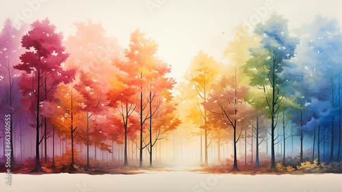 a row of colorful trees in a fantastic landscape of the forest rainbow spectrum autumn in a fairy tale