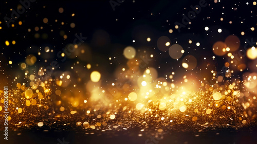 Abstract gold shiny Christmas banner background with golden glitter, confetti and particles. Holiday bright blurred backdrop with golden bokeh