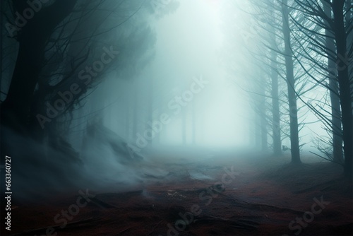 Eerie winter forest, thick smoke veils towering, 3D enigma tree