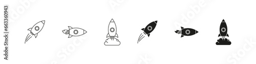Rocket launch and fly vector icon set. Rockets flying icons. Spaceship launched symbol collection.