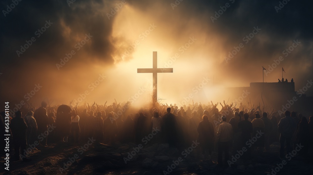 Silhouette of a crowd of people and a large cross at sunset