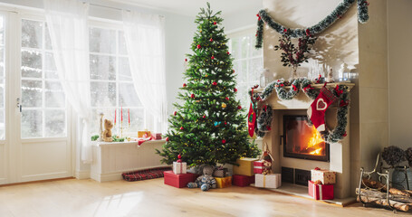 Peaceful Snowy Christmas Morning: Decorated Corner in Modern House with Christmas Tree, Fireplace and Gifts. Home of a Family Celebrating the Holidays. No People