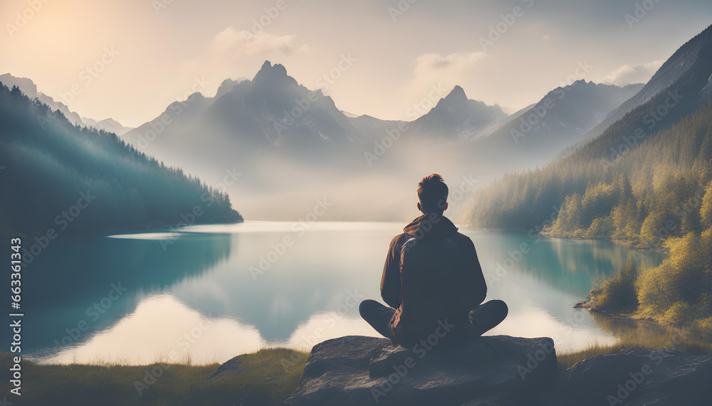 Person on the top of mountain in the fogy river meditation on the mountain Person on the top of mountain in the fogy river meditation on the mountain