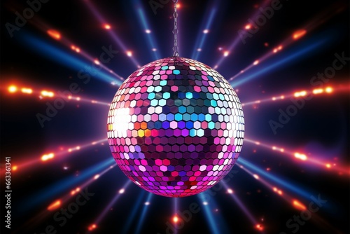 Dynamic 3D rendered disco ball glistens against neon light background