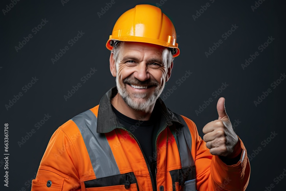 Portrait with positive smiling engineer on gray background with thumbs up. Construction, building and construction worker with work vest and safety helmet. Generative ai art.