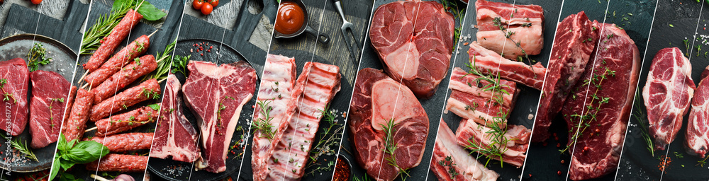 Collage of different assortment of veal meat, pork, steaks, kebabs and sausages. Banner with photos of meat. - obrazy, fototapety, plakaty 