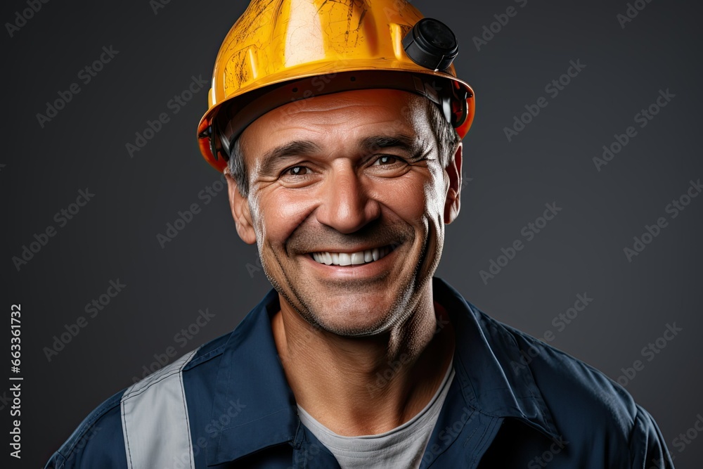 Portrait with positive smiling engineer on gray background. Construction, building and construction worker with work vest and safety helmet. Generative ai art. Portrait with positive smiling engineer on gray background. Construction, building and construction worker with work vest and safety helmet. Generative ai art.