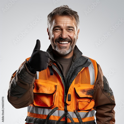 Portrait with positive smiling engineer on gray background with thumbs up. Construction, building and construction worker with work vest and safety helmet. Generative ai art.