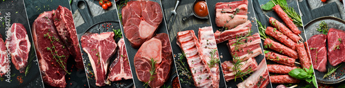 Fotografia Collage of different assortment of veal meat, pork, steaks, kebabs and sausages