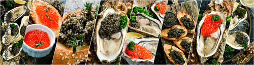 Collage of different assortment of salmon and sturgeon caviar. A set of seafood food enriched with protein. Luxury snacks. photo