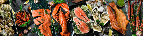 Collage of different assortment of seafood: oysters, lobsters, octopus, fish and crabs. A set of seafood food enriched with protein.