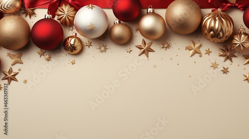 Weihnachtsbanner mit Leerraum f  r Text  mit Weihnachtsschmuck und Geschenken drumherum