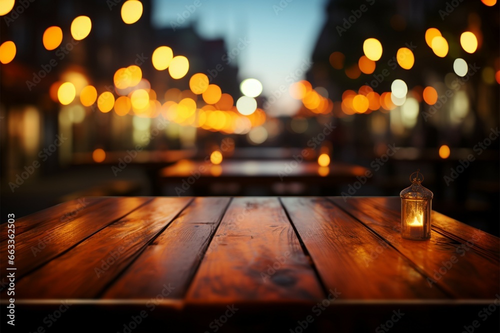 Empty wooden table with bokeh lights, perfect for showcasing your products Empty wooden table with bokeh lights, perfect for showcasing your products