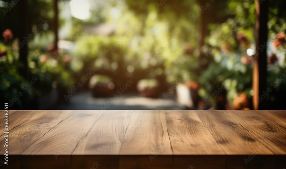 Empty wooden table with a garden backdrop, ideal for text marketing Empty wooden table with a garden backdrop, ideal for text marketing