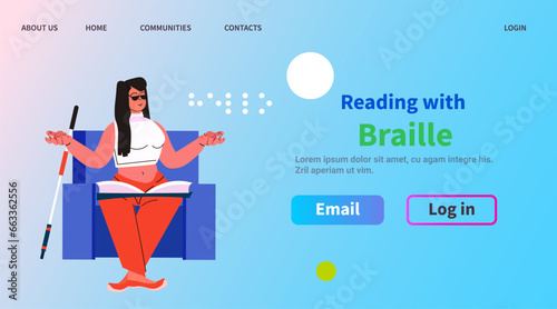 blind woman reading with braille alphabet people with disabilities concept full length copy space illustration