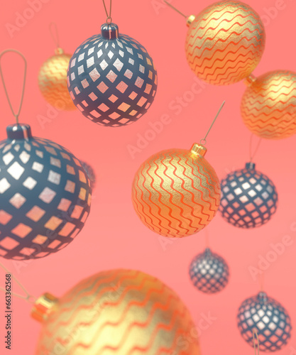 Selection of gold and blue decorative Christmas baubles falling across a red background 3d render