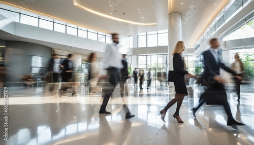 Long exposure shot of fast moving business people in bright office lobby with blurry trail