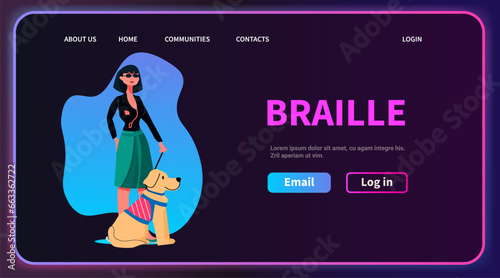 blind woman walking with guide dog assistant animal leading female character confident navigation people with disabilities concept