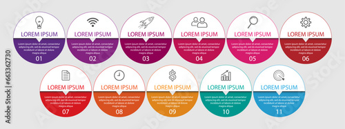 eleven step infographic design, simple infographic template, with various colors, lines, icons and numbers, suitable for your business presentations
