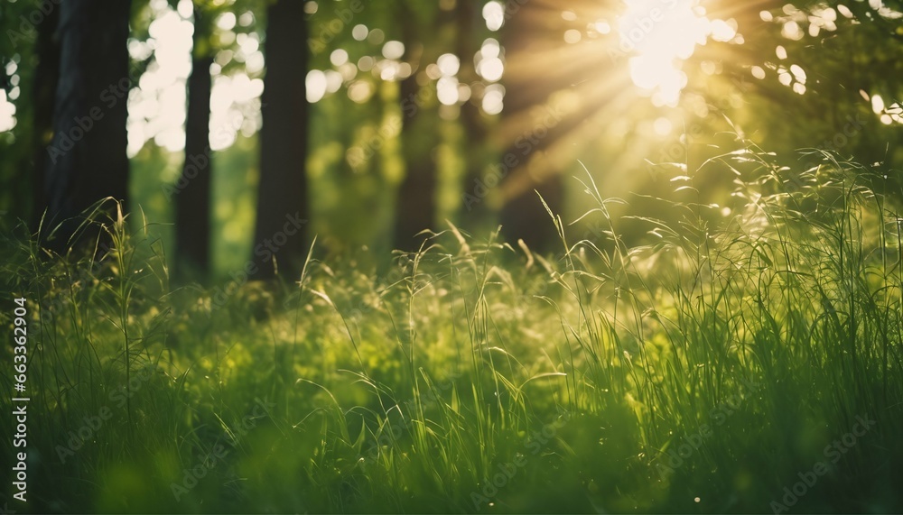 Perfect natural landscape background with defocused green trees, wild grass, and sun beams in summer beautiful spring fores