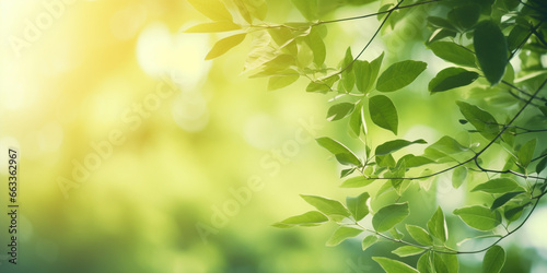 Green background with leaves on tree with sunlight and bokeh