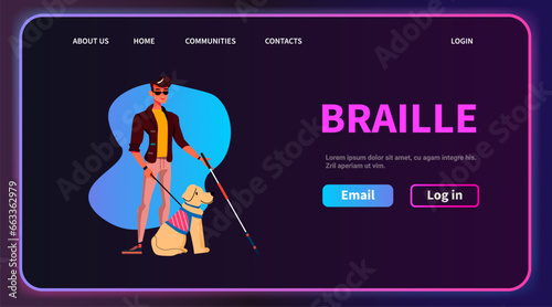 blind man walking with guide dog assistant animal leading male character confident navigation people with disabilities concept