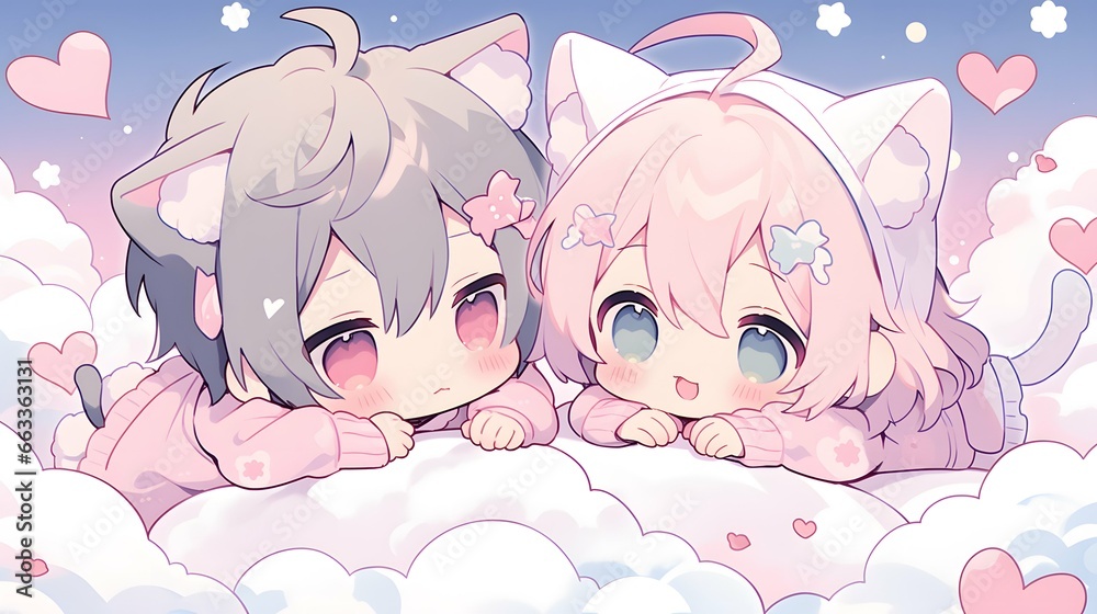 Fototapeta premium Cute LOFI anime manga style illustration, love couple