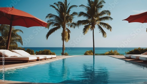 Beach and sea view with luxurious swimming pool, loungers umbrellas, palm trees and blue sky