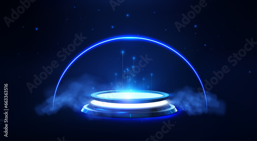 Futuristic Glowing Circular Platform with Rising Light Beams in a Deep Blue Cosmic Atmosphere. Empty blue podium floating in the air with blue neon ring. Colored neon vector illustration