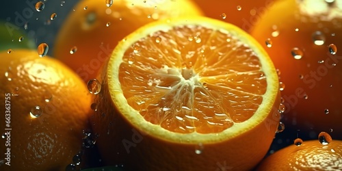 photo of fresh and ripe oranges with water splash effect. Generative AI